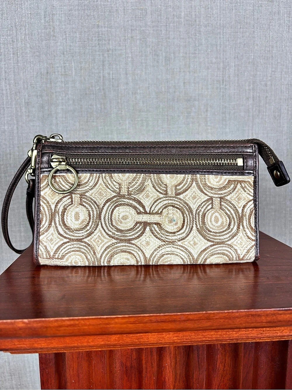 Coach Op Art Tan Brown Wristlet Wallet Leather Trim Front Zip Pocket